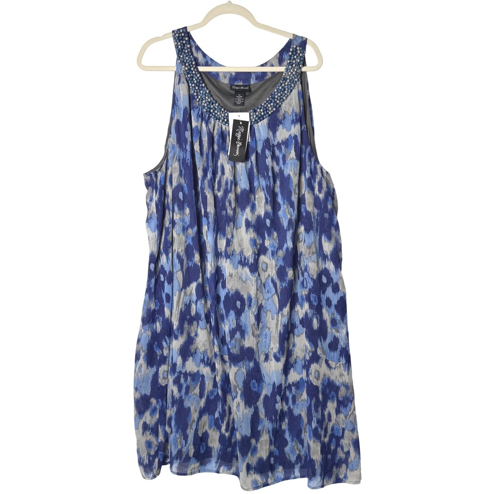 New Maggie Barnes Beaded Neck Dress 5X Blue Print Summer Flowy Semi Sheer Lined